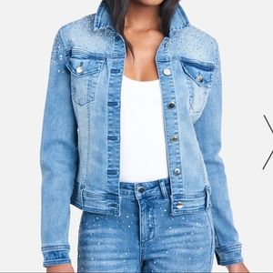 BEBE *NEW* STUD AND RHINESTONE JEAN JACKET with stretch